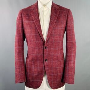 SARTORIO Size 44 Regular Burgundy Windowpane Wool Linen Silk Sport Coat